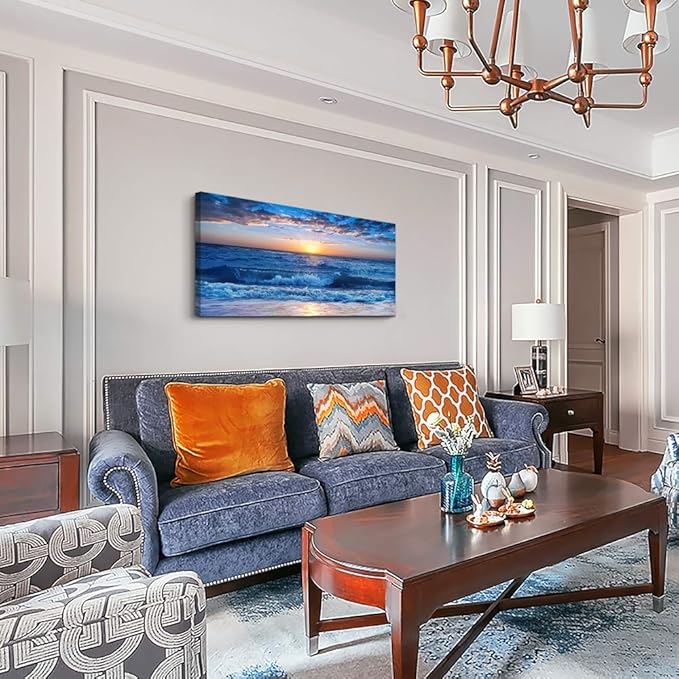 canvas wall art for living room Blue Ocean Sea sun landscape painting bathroom Wall Decor Ready to Hang for Home Decorations office family bedroom kitchen Works canvas Prints pictures 24" x 48"inch