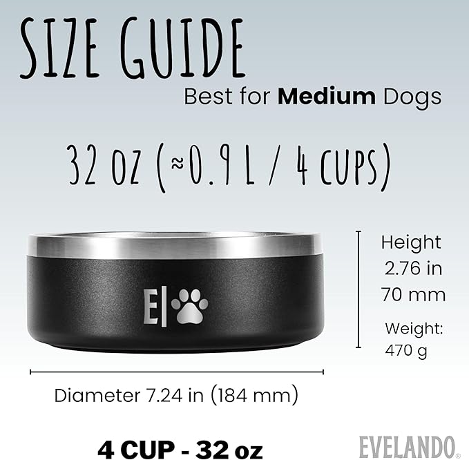 EVELANDO® Premium Dog Food Bowl 32 oz Stainless Steel 4 Cups Small Medium Dog Bowls Non Slip & BPA-Free S M L Pet Water Bowl Platos para Perros Indoor Outdoor Pet Dish Feeder Water and Food Dish
