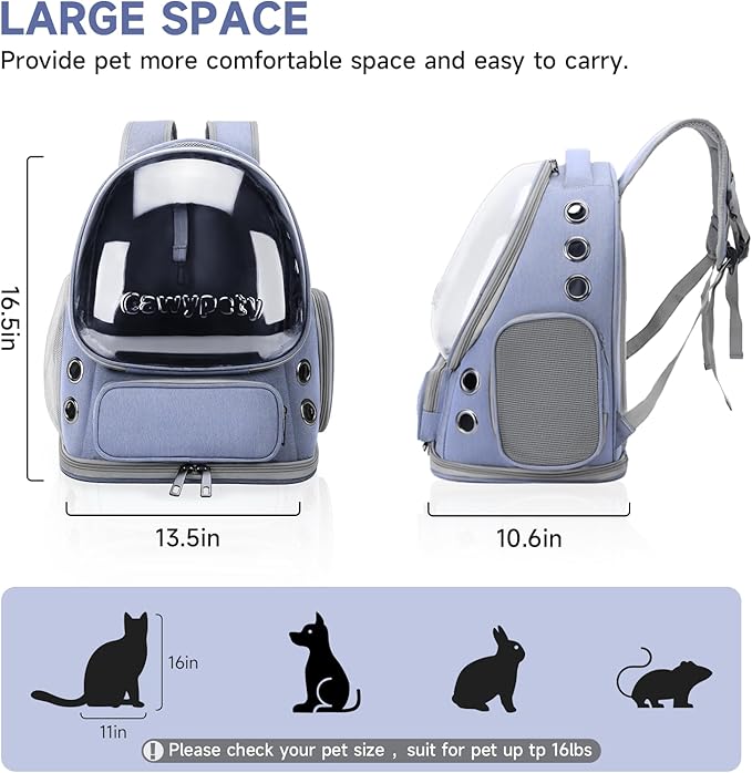 Cat Backpack Carrier, Breathable Cat Carrier Large Space Bubble Pet Backpack for Kitty Small Dog up to 12lbs, Transparent & Foldable Pet Carrier for Travel Hiking (Blue