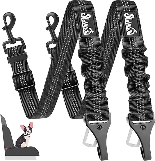 SlowTon Dog Seat Belt, Adjustable Dog Safety Belt Leash, 2 in 1 Latch Bar Attachment Dog Car Seatbelt with Elastic Nylon Bungee Buffer, Reflective Nylon Belt Tether Connect to Dog Harness (2Black)
