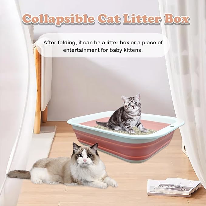 Foldable Cat Litter Box Open Potty Pan Portable Collapsible Cats Litter Boxs Travel Kitten Pan with Scoop Waterproof Low Entrance for Kitten and Easy Clean 17.7"×13.4"x4.9"(Pink)