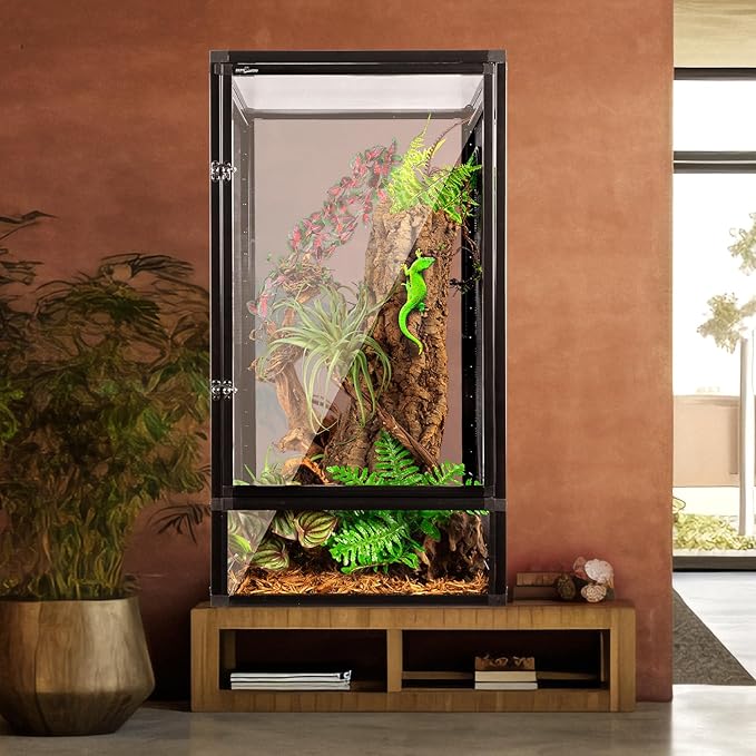 REPTI ZOO 16" x 16" x 30" Front Opening Chameleon Cage with 3-Sided Metal Mesh, 33 Gallon Screen Vertical Terrarium with Background Sticker, Tall Enclosure for Chameleon, Tree Frog, Arboreal Reptiles