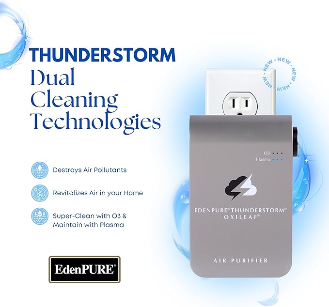 EdenPURE Thunderstorm III Air Purifier – Small Plug-In Ozone Generator & Ionizer – Eliminates Odors, Pet Smells, Smoke, Mold – Filter-Free Portable Cleaner for Home, Travel, Car, Office Use