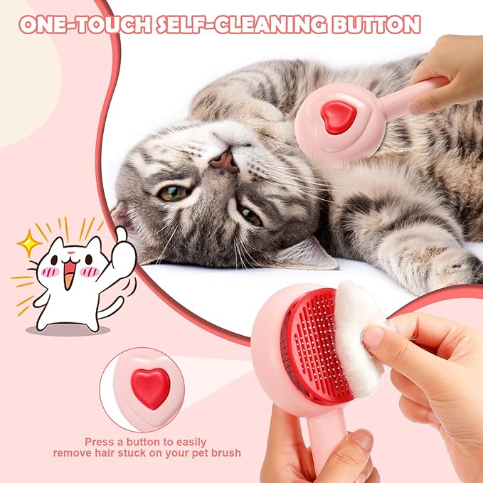 New cat brush&dog brush,pet hair brush with Self Cleaning Button Easy to remove loose undercoat，Needle-tip massage beads, no harm to the skin,Lovely Heart Series(Pink)