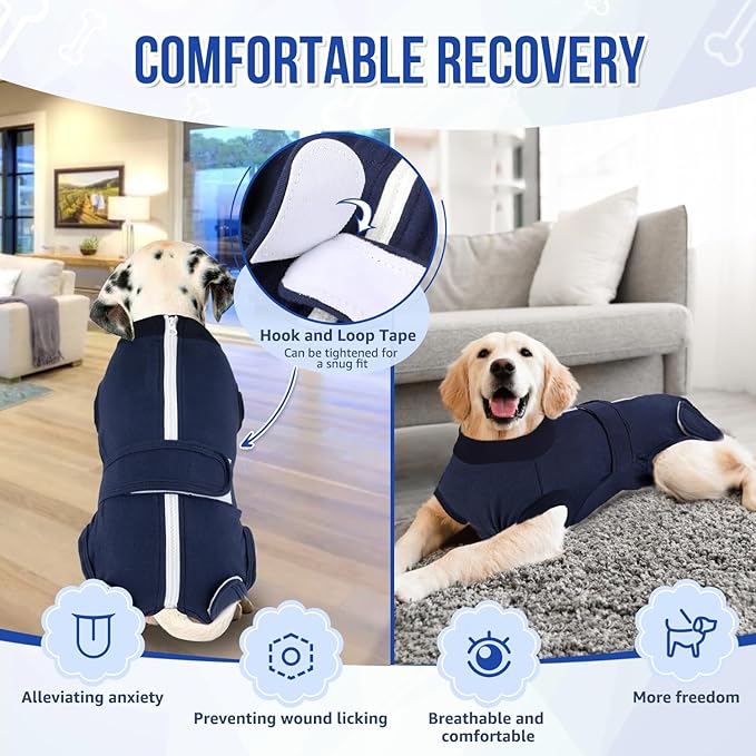 Lukovee Recovery Suit for Dogs, Zipper-On Onesie for Female Male Dog, Abdominal Wounds Cone E-Collar Alternative, Prevent Licking Spay (XS, Dark Blue)