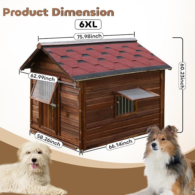Dog House Outdoor,Solid Pine Wood Large Dog House for Big Breed,Weatherproof Dog Houses Outside with Door,Adjust Windows,Warm Dog Kennel for Outside