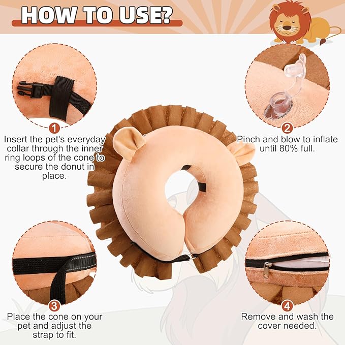 KOOLTAIL Inflatable Dog Cone Collar, Soft Dog Cone Alternative for Large Medium Small Dogs After Surgery, Adjustable Donut Neck Cone for Dogs Cats, Recovery E Collar with Enhanced Anti-Licking,Lion M