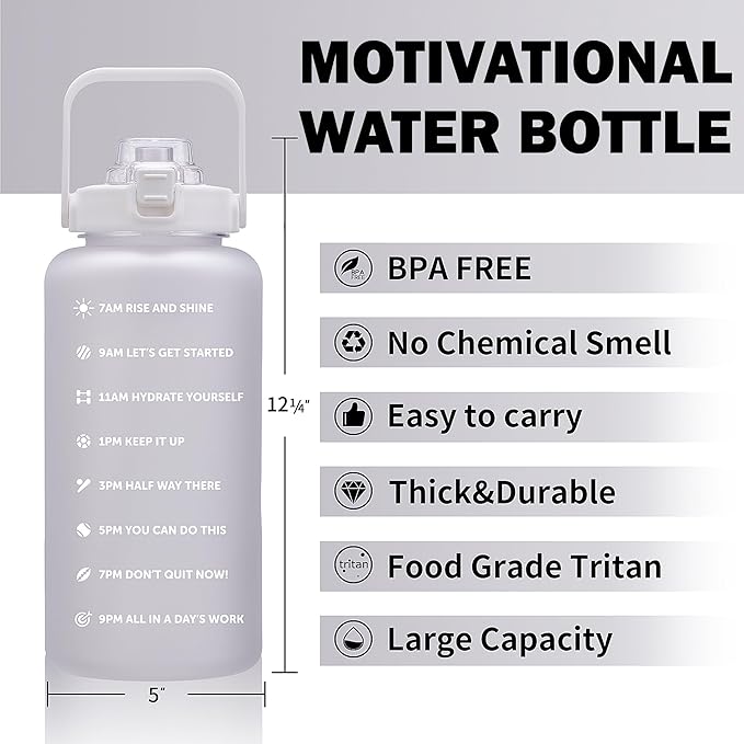 64oz,100oz,128oz Large Motivational Water Bottle with Time Marker, Leakproof & BPA Free Half Gallon Big Water Bottle with Straw Handle Tritan Frosted Water Jug for Gym,Fitness,Outdoor Sports