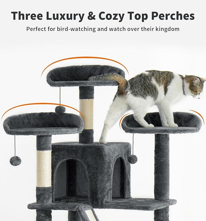 Made4Pets Tall Cat Tree, 80" Cat Tree Tower for Indoor Cats Large Adult, Modern Cat Tower with Scratching Post, Cozy Hammock, 3 Perches and 2 Condos, Sturdy and Fluffy, Dark Gray