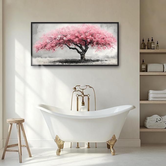 Extra Large Framed Pink Tree Wall Art,Abstract Tree of Life Wall Decor,Pink and Grey Pictures for Living Room,Canvas Print Painting Modern Artwork Bedroom Office Bathroom Home Decor 60L x30W