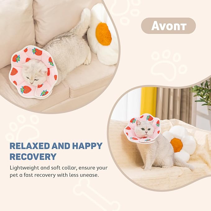 Avont Soft Cat Recovery Cone Collar, Adjustable Lightweight Kitten E-Collar for Small Dogs, Comfortable Neck Donut Stop Licking Scratching After Surgery -Strawberry(M)