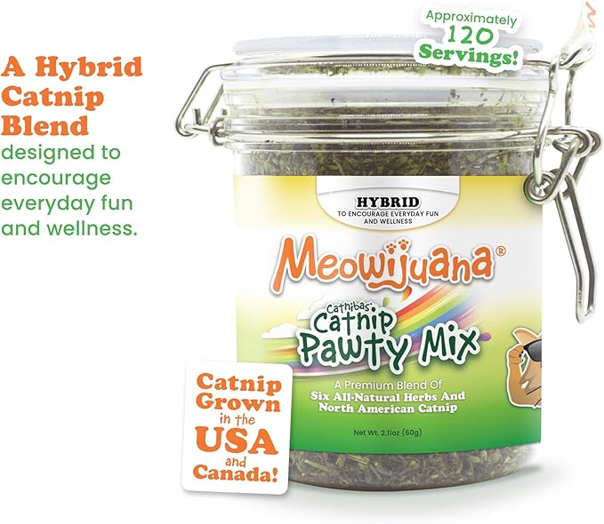 Meowijuana Catnibas Catnip Pawty Mix Jar | Premium Cat Nip for Cats with Silvervine, Passion Flower, Chamomile, Dandelion & Valerian Root | High Potency Catnip | 60g