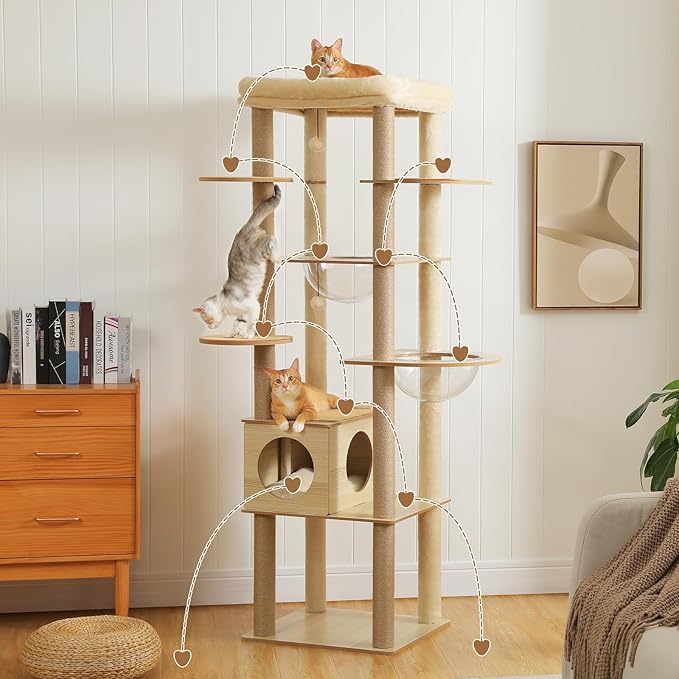 PEQULTI 71'' Cat Tree, Tall Wood Cat Tower for Indoor Cats with 2 Acrylic Cat Hammock, Multi-Level Activity Trees with Scratching Posts, Condo House and Large Top Perch for Large Cats, Beige