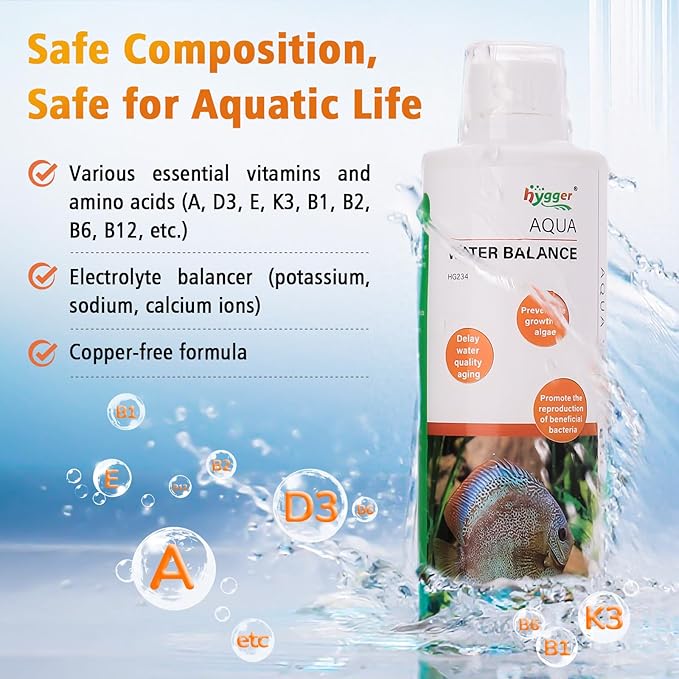 hygger Aqua Water Balance for Freshwater Saltwater, Aquarium Fish Tank Plant Coral Stabilizes Water Quality with Essential Vitamins Amino Acids Electrolyte Water Conditioner, 300 ML