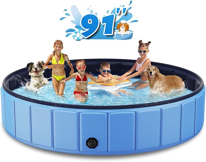 Foldable Dog Swimming Pool, Totiro 91"x16" Oversize Collapsable Hard Plastic Portable Bathing Tub for Pet Dog Kiddie Pool Indoor and Outdoor Leakproof PVC Play Pool for Large Dogs Pets Puppy Kids Blue