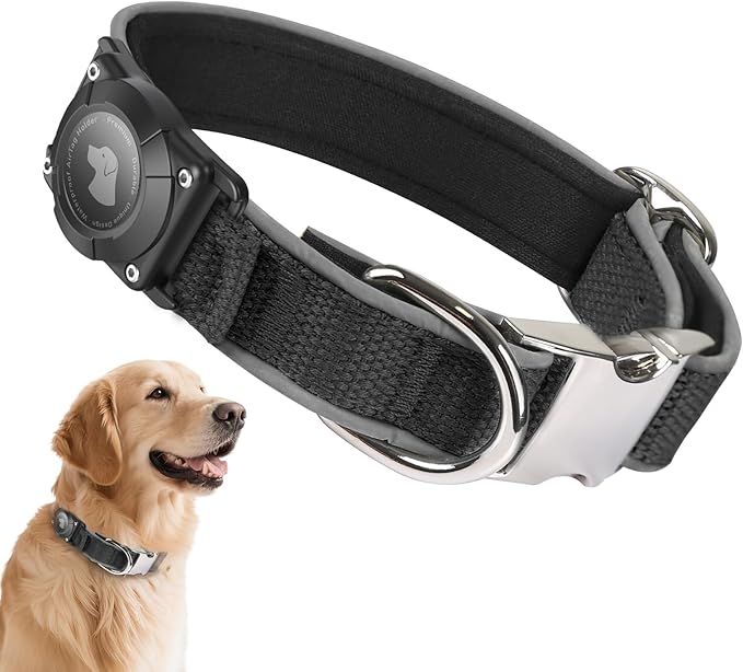 Waterproof Airtag Dog Collar - Nylon Collar with Durable Airtag Holder, Reflective&Anti-Lost with Safety Metal Buckle, Soft Padded Adjustable for Small Medium Large Dogs Black L