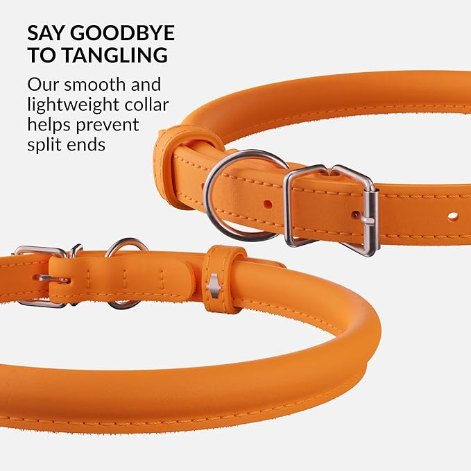 CollarDirect Rolled Leather Dog Collar, Soft Padded Round Puppy Collar, Handmade Genuine Leather Collar Dog Small Large Cat Collars 13 Colors (15-19 Inch, Orange Smooth)