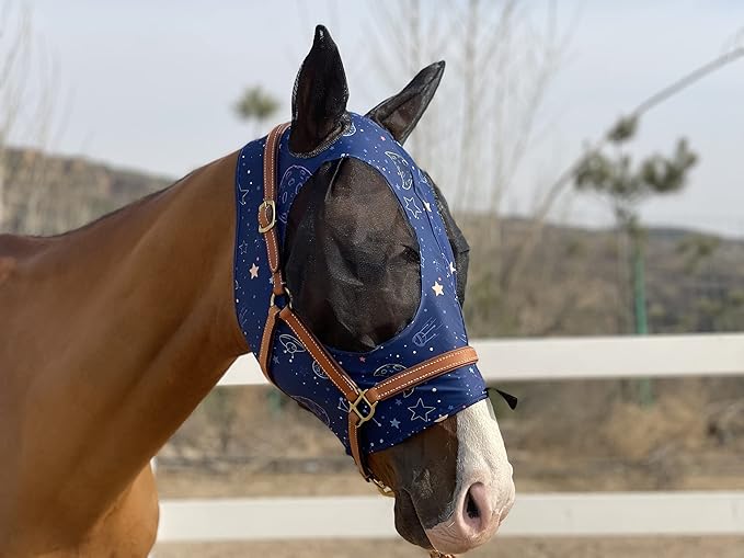 Horse Fly Mask Super Comfort Horse Fly Mask Elasticity Fly Mask with Ears We Only Make Products That Horses Like… (Midnight Blue, L)