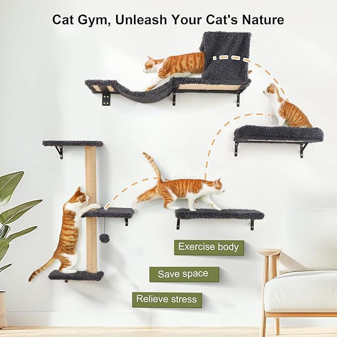 FUKUMARU Cat Wall Shelves, Stable & Safe 4 in 1 Cat Furniture Set, Wooden Climbing Wall with Scratching Post for 16 Inch Drywall - Gray