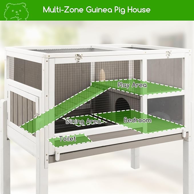Guinea Pig Cages Hamster Cage Indoor with Stand, Chew Proof Rabbit Cages Habitat for Small Animals with Pull Out Tray, Detachable Legs, Large Guinea Pig House with Ramp, Hideout