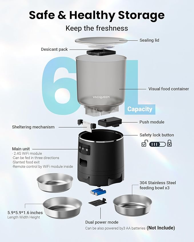 Automatic Cat Feeder for 3 Cats, 6L/25 Cups Smart WiFi Pet Feeder, Strong Anti-Jam System, Dual-Effect Desiccant Cat Food Dispenser, with 10S Voice Recorder for Cats and Small Dog(Black)