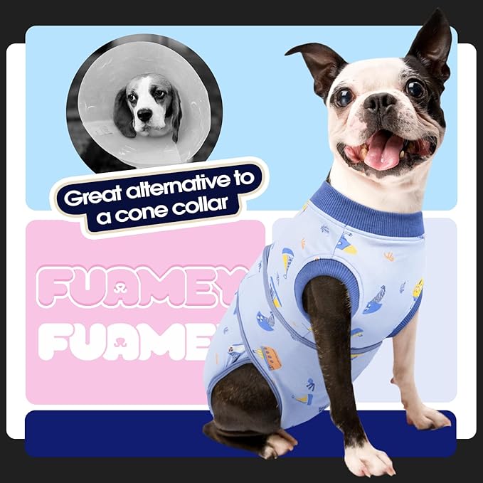 FUAMEY Recovery Suit for Dogs After Surgery,Soft Breathable Dog Bodysuit E-Collar & Cone Alternative Surgical Suit,Male Female Dog Neuter Spay Suits Anti Licking Wounds Onesie Blue Boat S