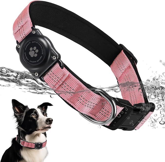 Upgraded AirTag Dog Collar, IP68 Waterproof Air Tag Dog Collar Holder, Reflective, Ultra-Durable, Comfortable Padded, Heavy Duty Dog Collars for Small Medium Large Dogs (M (12.6"-17.1"), Pink)