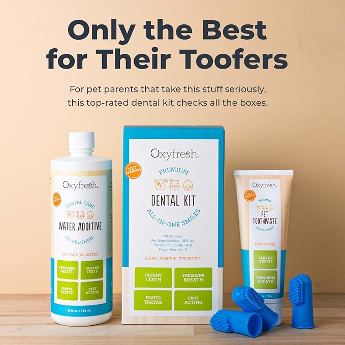 Oxyfresh Premium Pet Dental Kit for Dogs & Cats – Easy Solution for Dog and Cat Fresh Breath, Clean Teeth, Control Plaque & Tartar – Vet Formulated Pet Toothpaste 4oz + Water Additive 16oz Kit