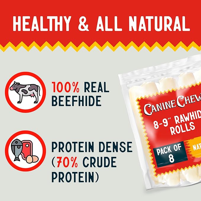 Canine Chews 8-9" Retriever Roll Rawhide Bones for Large Dogs - Durable, Thick Rawhide Bones, Quality Dog Rawhide Chews for Medium to Large Dogs, Thick Size Keeps Dogs Occupied (8 Pack)