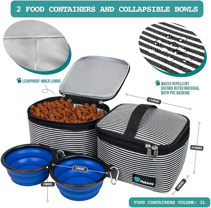 PetAmi Dog Travel Bag - Travel Pet Organizer with Food Container and Bowls, Perfect for Weekend Camping, Cat Diaper Bag (Stripe Black, Medium)