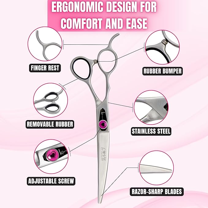 Kenchii Love Left Handed Dog Grooming Scissors, 7 Inch Curved Shears, Dog Scissors for Grooming, Professional Pet Grooming Scissors, Ergonomic & Comfortable