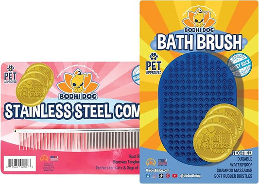 Bodhi Dog Stainless Steel Comb & Shampoo Brush - Bath & Shower Supplies for Dogs & Cats - Removes Shedding, Mats & Tangles - Pet Grooming Scrubber Bundle (Blue)