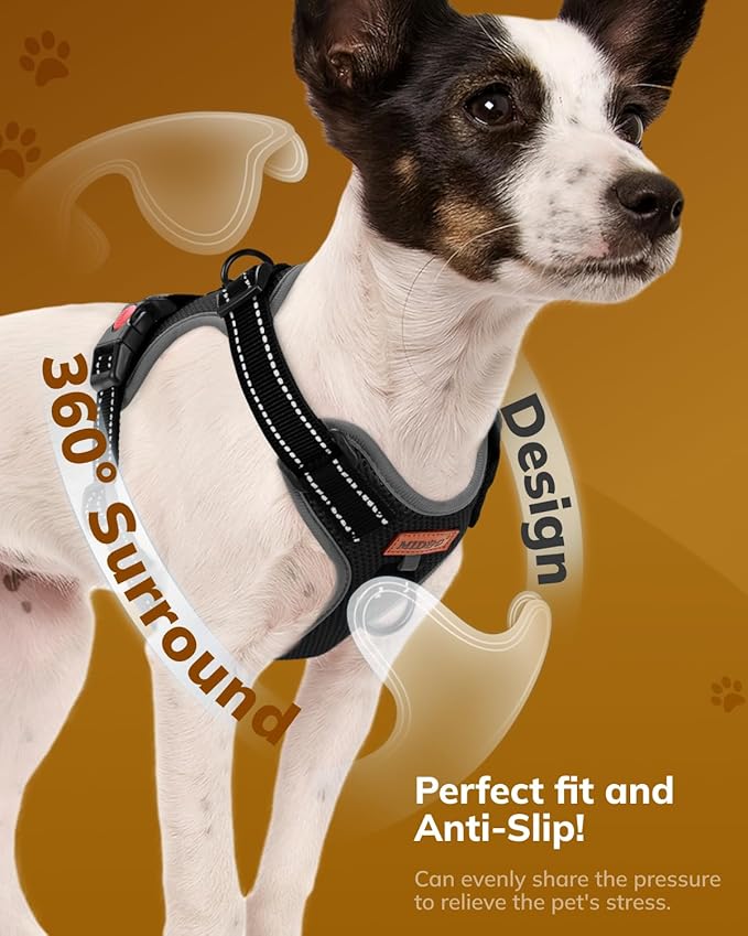 MIDOG No-Pull Dog Harness | Adjustable & Reflective Pet Harness Leash Set for Small Medium Large Dogs Walking, Training| No Choke, Front Clip, Soft Padded Vest with Easy Control Handle - Black, L