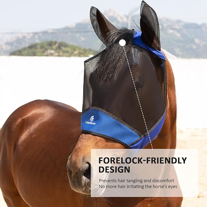 Horse Fly Mask Large Space Breathable UV Protection Equine Mask with Reflective Features on Ears Royal Blue M