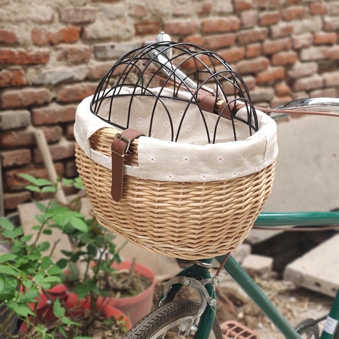 Shiker Basket with Wire Mesh Cover, Wicker Bike Basket for Small Dogs Cats, Front Handlebar Bike Basket, Easy to Detachable, 11.81 x 9.84 inch