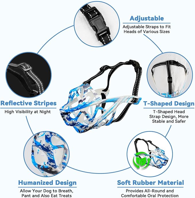 Dog Muzzle for Large Dogs, Breathable Basket Muzzles for Small, Medium and X-Large Aggressive Dog, Allows Panting Drinking, Suitable for Grooming Trimming Training (Camouflage Blue, S)