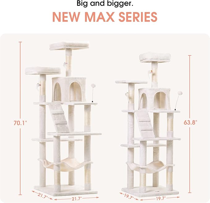 MWPO 70.1-Inch Large Cat Tree, Multi-Level Tall Cat Tower for Indoor Cats, Plush Cat Condo with Big Padded Perches, Sisal-Covered Scratching Posts, Hammock, Toys for Kittens & Cats - Beige