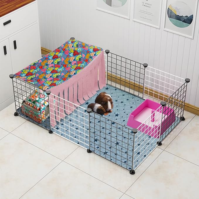 RIOUSSI Guinea Pig Hideout Hideaway Corner Fleece Toys Cage Accessories with Reversible Sides, Heart/Gray+Pink, 27"x14"x14"