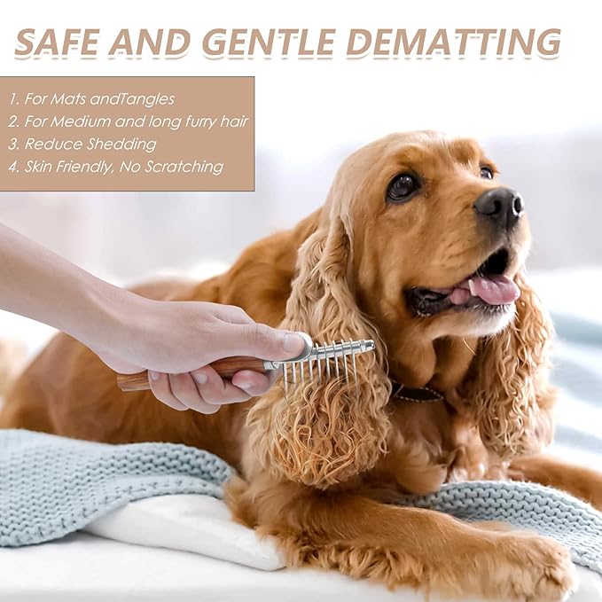 Long Pin Dog Slicker Brush for Poodles, Golden Doodles & Cats - 3-Piece Grooming Kit with Dematting Comb and Pet Comb, Large Wooden Handle Deshedding Tools for Thick Hair Mats Removal