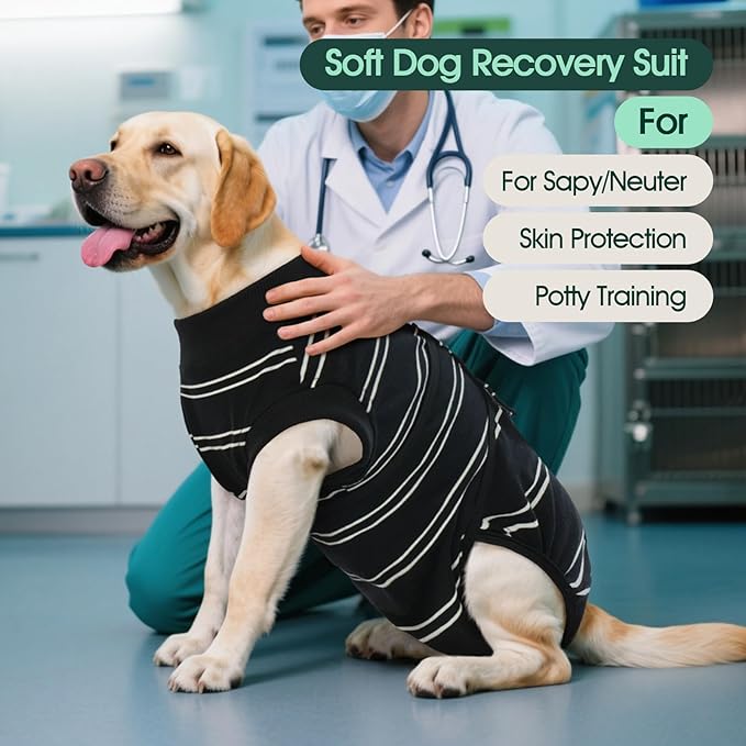 Kuoser Dog Surgery Recovery Suit for Female Male Dogs, Stripes Spay Neuter Anti-Licking Dog Onesie, Surgical Suit Snugly Pet Post Surgery Vest Bodysuit for Abdominal Wounds Skin Disease, Black L
