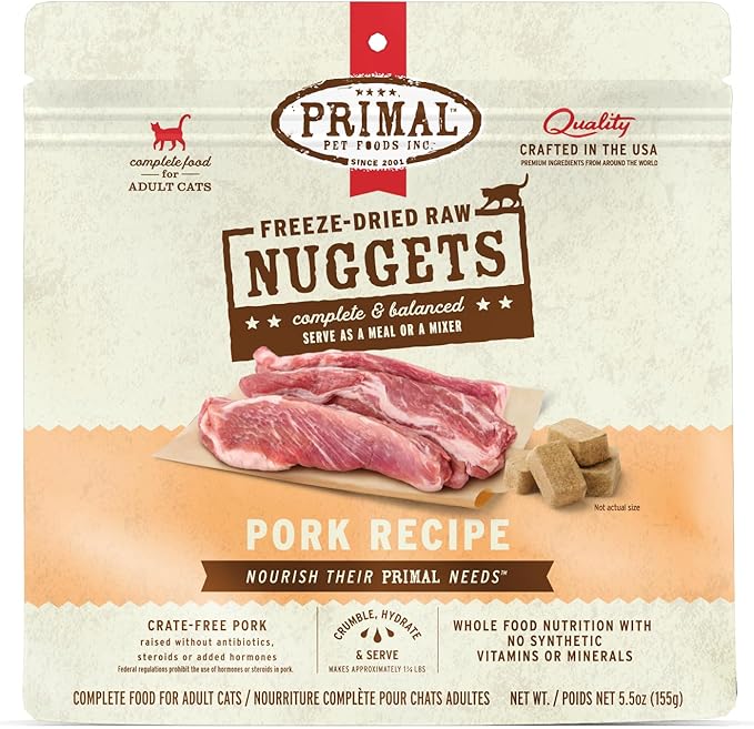 Primal Freeze Dried Raw Cat Food Nuggets Pork, Complete & Balanced Meal or Topper, Premium, Healthy, Grain Free, High Protein Raw Cat Food with Probiotics (5.5 oz)