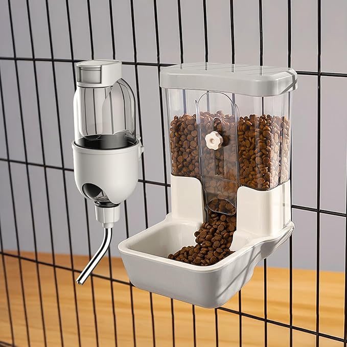 Automatic Pet Food Water Dispenser, Auto Gravity Pet Feeder Water Bottle Set for Crate Cage, Feeding Station for Small Dog Cat Rabbit Guinea Pigs Chinchilla Ferret Hedgehog (Gray)