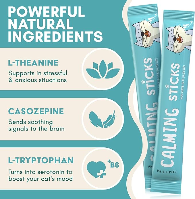 ALBERT & MIA Calming Sticks Lickable Calming Cat Treats for Stress and Anxiety Relief for Cats, Irresistible - Vet Recommended (Sleeping Aid, Vet Visits, Grooming, Car Rides, Plane) 20 Pack
