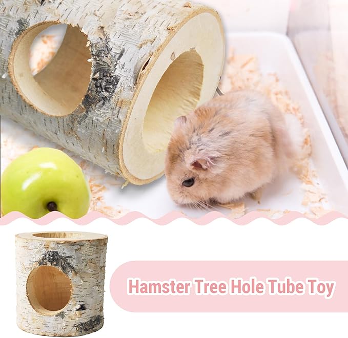 Wooden Hamster Tunnels,Natural Birch Wood Hamster Tree Hole Tube Hamster Chew Toy Small Animal Hollow Tree Trunk Tube Hideout Climbing Toy Cage Accessories for Guinea Pig Chinchilla Gerbil Rat