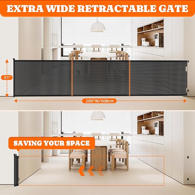 Extra Tall Retractable Baby Gates: 51" Tall Pet Gate, Extend up to 200" Wide, Mesh Baby Gate with Support Rods Jump-Proof Design for Cats & Large Dogs High Dog Cat Door Indoor Outdoor, Black