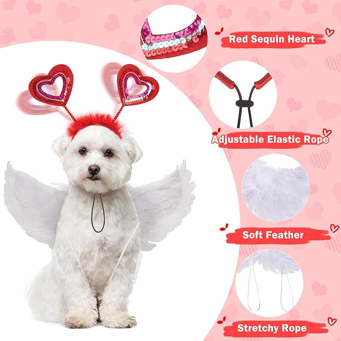 SCENEREAL Dog Outfit/Birthday Bandana with Feather Wing & Heart Headband Dogs Girls Set, Red Puppy Kitty Party Supplies for Small Medium Dogs Cats, Pet Costumes-(Small)