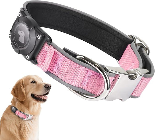 Waterproof Airtag Dog Collar - Nylon Collar with Durable Airtag Holder, Reflective&Anti-Lost with Safety Metal Buckle, Soft Padded Adjustable for Small Medium Large Dogs Pink L
