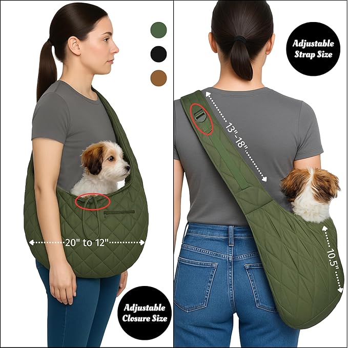 Small Dog Carrier Sling – Olive Green Hands‑Free 2‑in‑1 Sling & Handheld Carrier for Dogs up to 10 lbs, Parachute‑Grade Rip‑Stop Nylon, 4″ Padded Strap, Safety Tether & Pockets