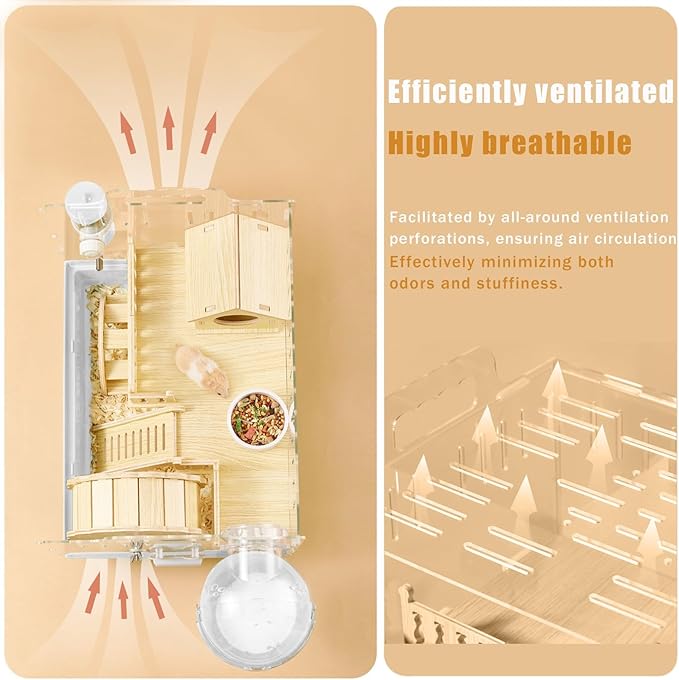 Cycodo 8 in 1 Acrylic Hamster Cage,2-Tier Dwarf Hamster Cage with Wooden Wheel & Hideout,Small Hamster Habitat with Accessories,Clear Pet Mice House(White,14" L*10" W*11" H)