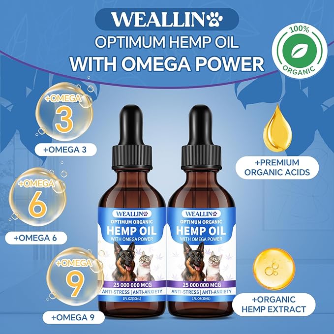 Hemp Seed Oil for Dogs and Cats - Omega-3, 6, 9 Rich Organic Extract - Eases Pet Anxiety, Pain, Skin & Coat Health - Stress Relief, Hip & Joint Support - Calming Treats (2 Pack)